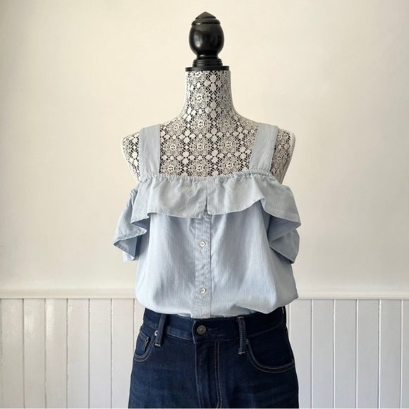 Twig Blue & White Striped Boho Ruffled Cold Shoulder Tank Top Size M - Picture 10 of 10